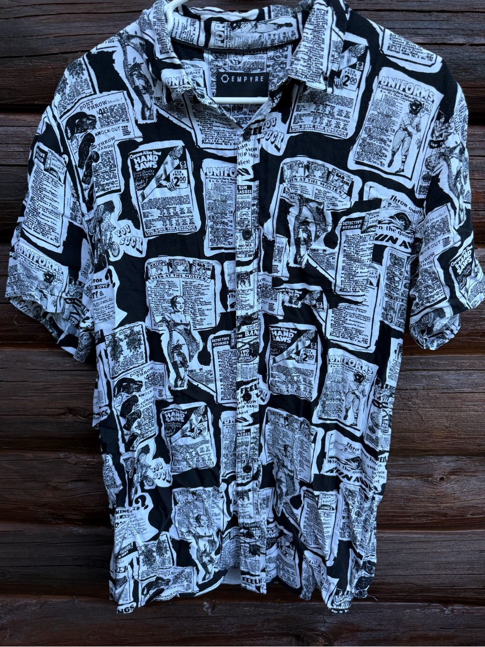 Empyre Black & White Newspaper Print Short-Sleeve Button-Up Shirt- Streetwear